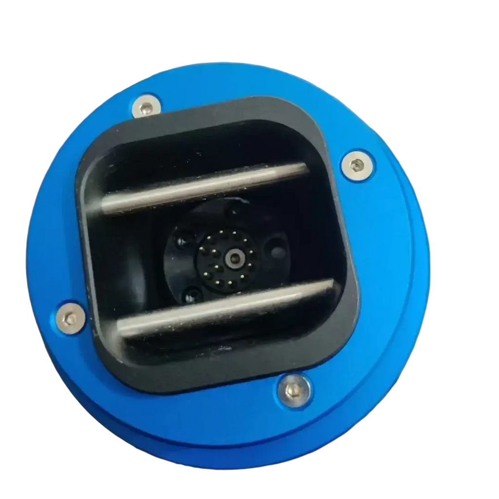 Fanatec Qr2 quick release hub adapter with blue circular body, black inner housing, silver screws, and metallic connector