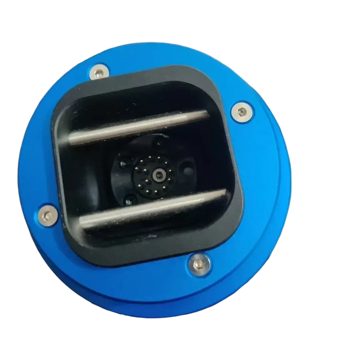 Fanatec Qr2 quick release hub adapter with blue circular body, black inner housing, silver screws, and metallic connector