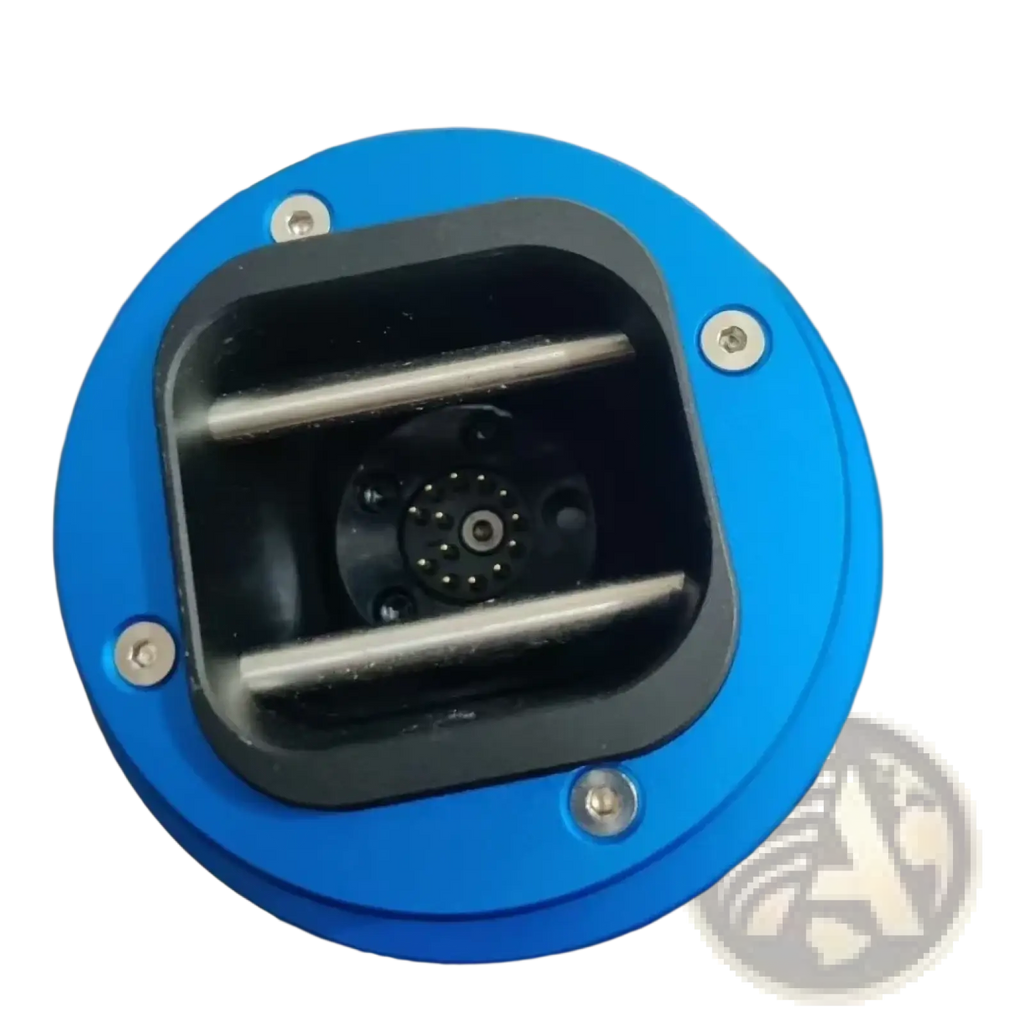 Fanatec Qr2 quick release hub adapter with blue circular body, black inner housing, silver screws, and metallic connector