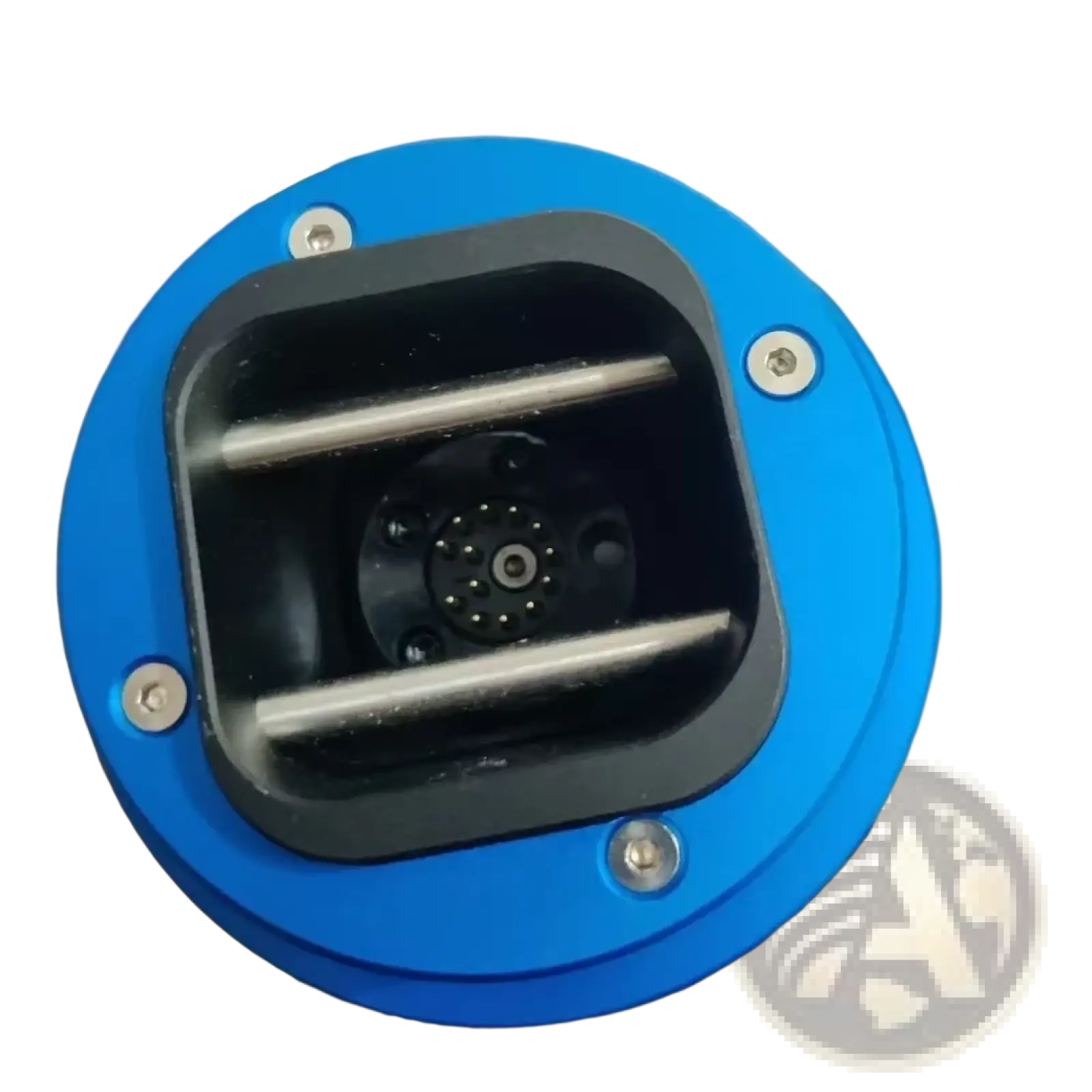 Fanatec Qr2 quick release hub adapter with blue circular body, black inner housing, silver screws, and metallic connector