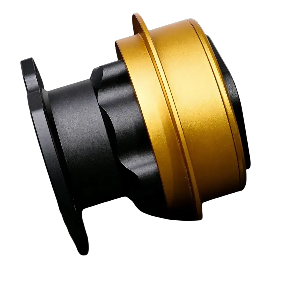 Fanatec Qr2 quick release hub adapter gold and black metallic bicycle hub body with machined finish backside view