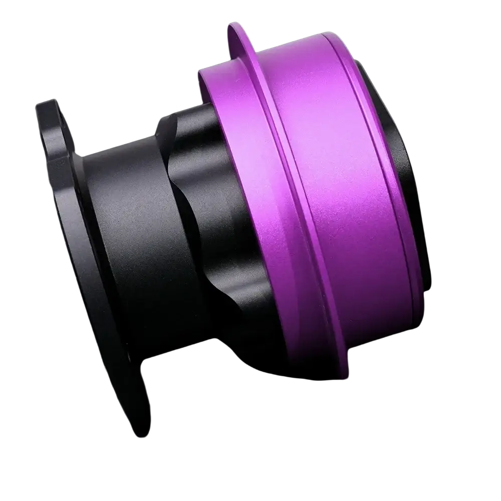 Fanatec Qr2 quick release hub adapter with a purple and black aluminum hub body and matte finish shown from the back side