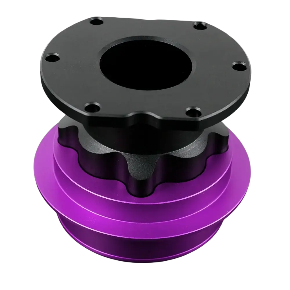 Purple and black aluminum pulley assembly with flanged top plate for fanatec qr2 quick release hub adapter