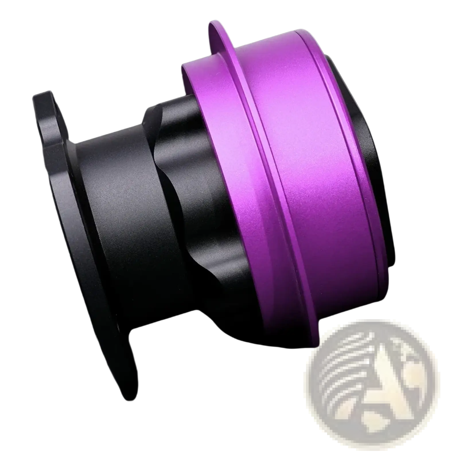 Fanatec Qr2 quick release hub adapter with a purple and black aluminum hub body and matte finish shown from the back side