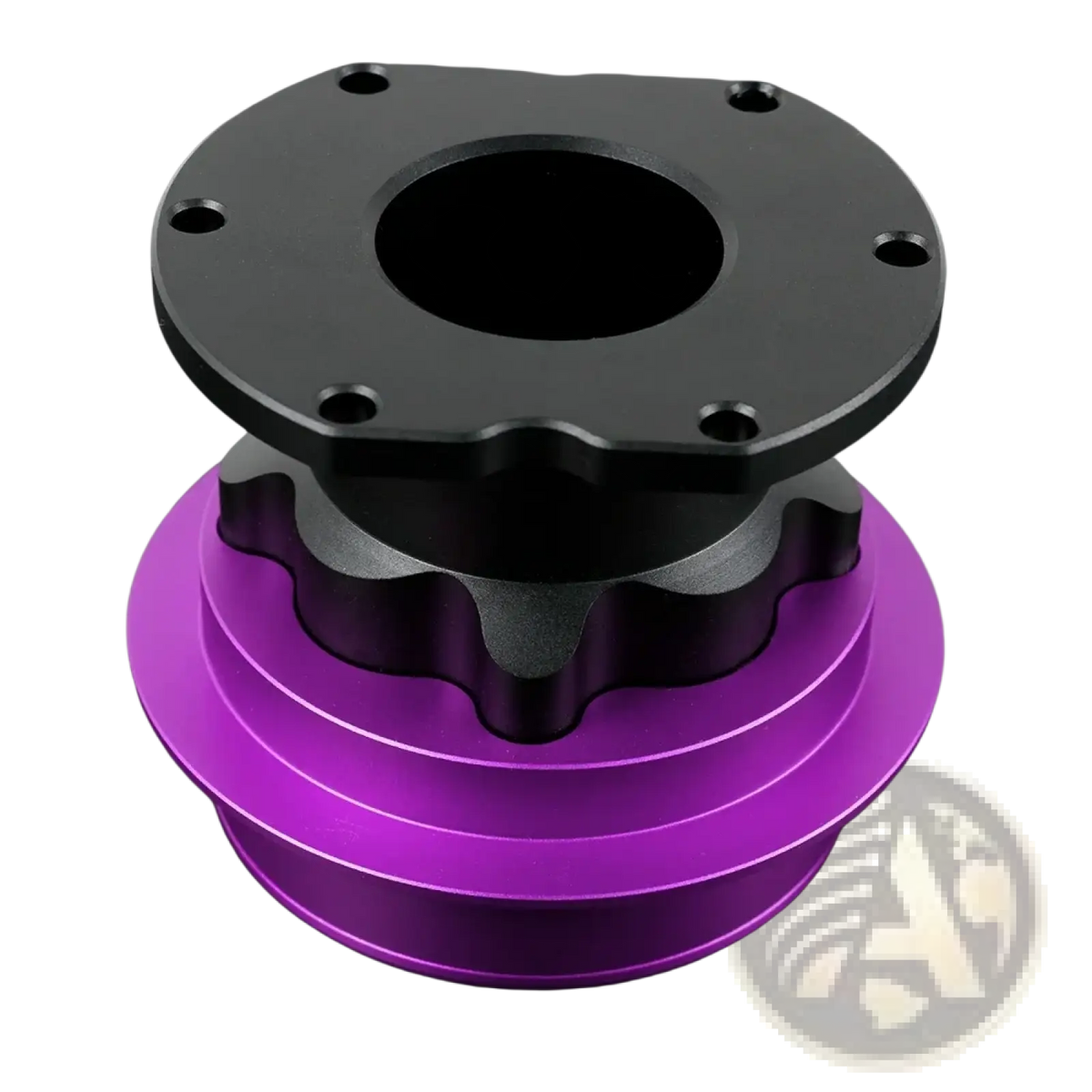 Purple and black aluminum pulley assembly with flanged top plate for fanatec qr2 quick release hub adapter