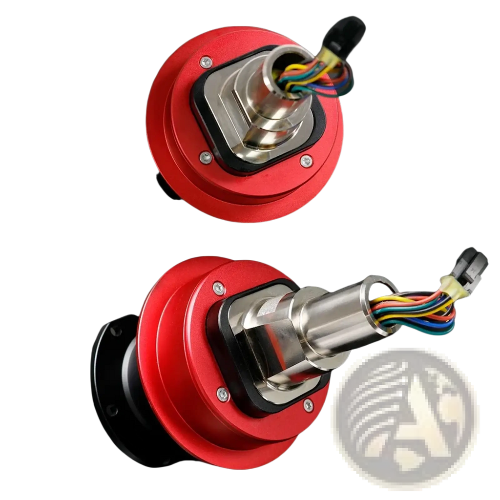 Red and silver fanatec qr2 quick release hub adapter with steering wheel-mounted electronic control module and multi-colored wiring