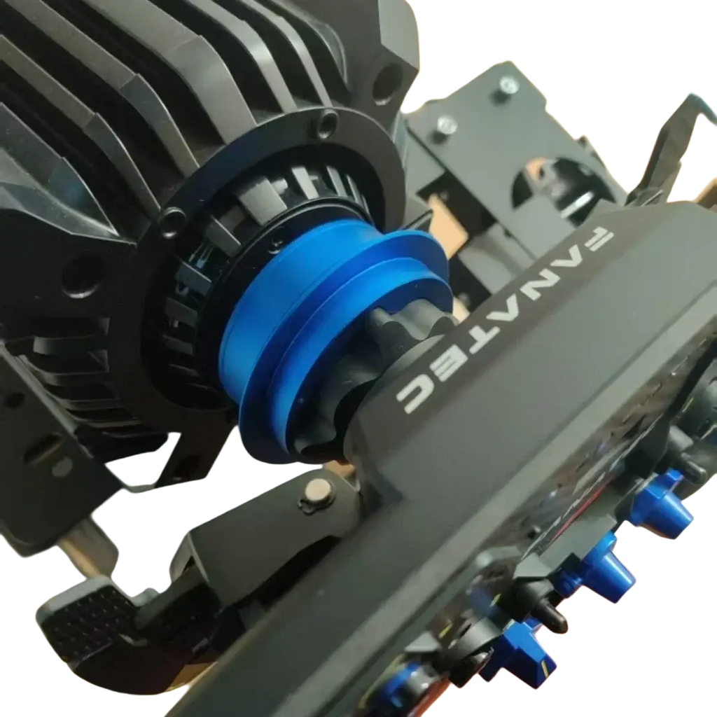 Black and blue Fanatec Qr2 quick release wheel hub adapter with ribbed textured grip, metallic accents, and adjustable knobs