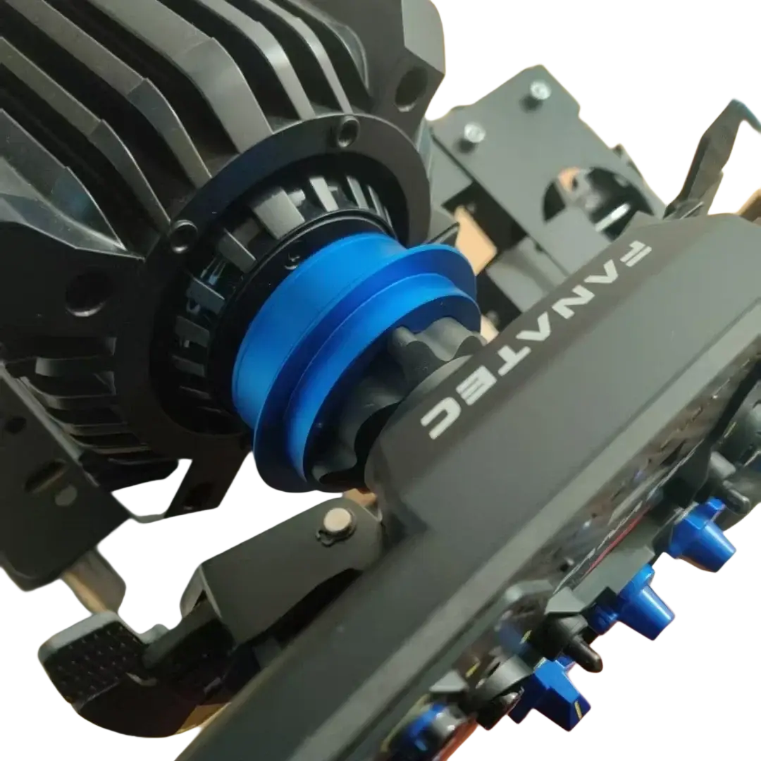 Black and blue Fanatec Qr2 quick release wheel hub adapter with ribbed textured grip, metallic accents, and adjustable knobs