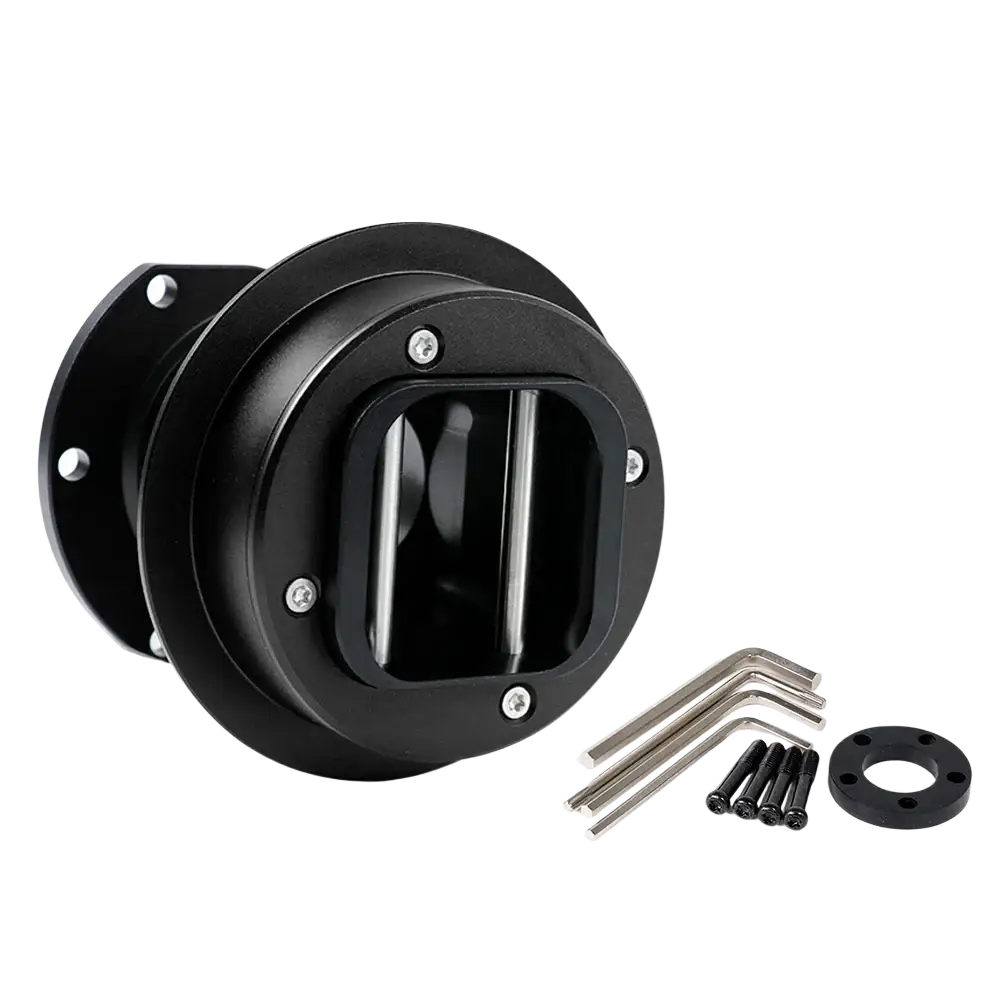 Fanatec qr2 quick release wheel hub adapter showing black matte finish steering wheel hub cover with integrated mounting hardware