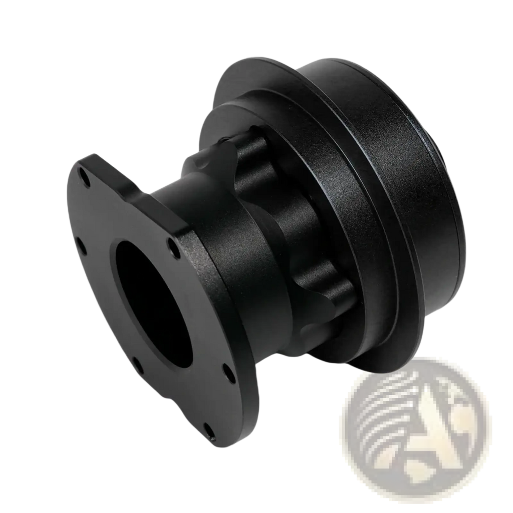 Black matte-finished metal Fanatec Qr2 quick release wheel hub adapter with flanged mounting plate and threaded holes back side