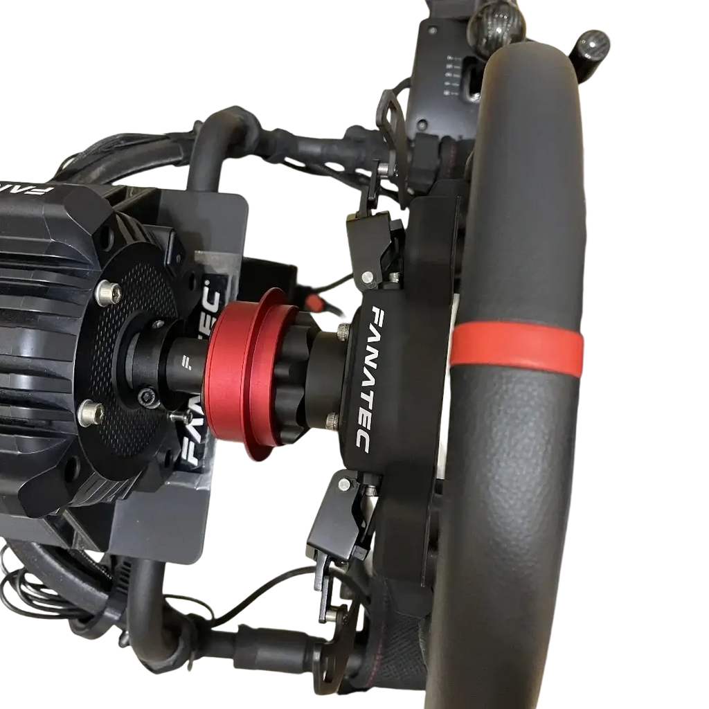 Black and red Fanatec Qr2 quick release wheel hub adapter with textured grip and metallic accents for racing wheels