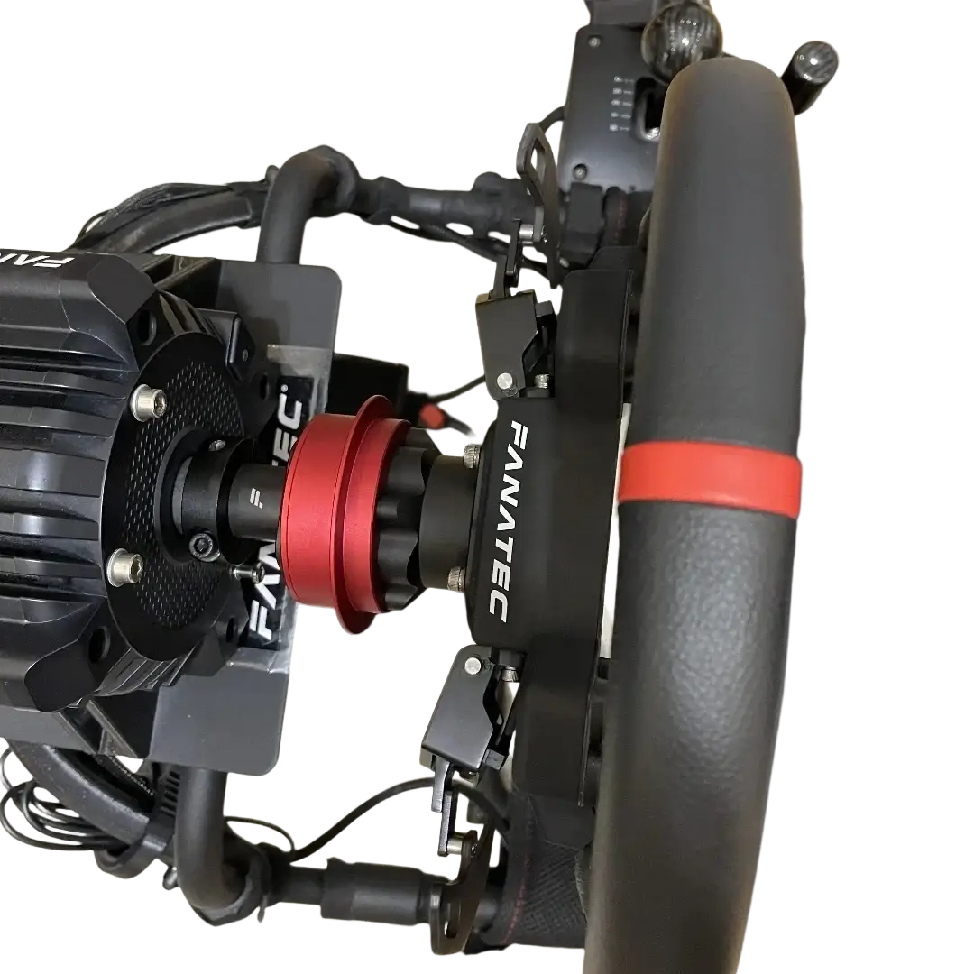 Black and red Fanatec Qr2 quick release wheel hub adapter with textured grip and metallic accents for racing wheels