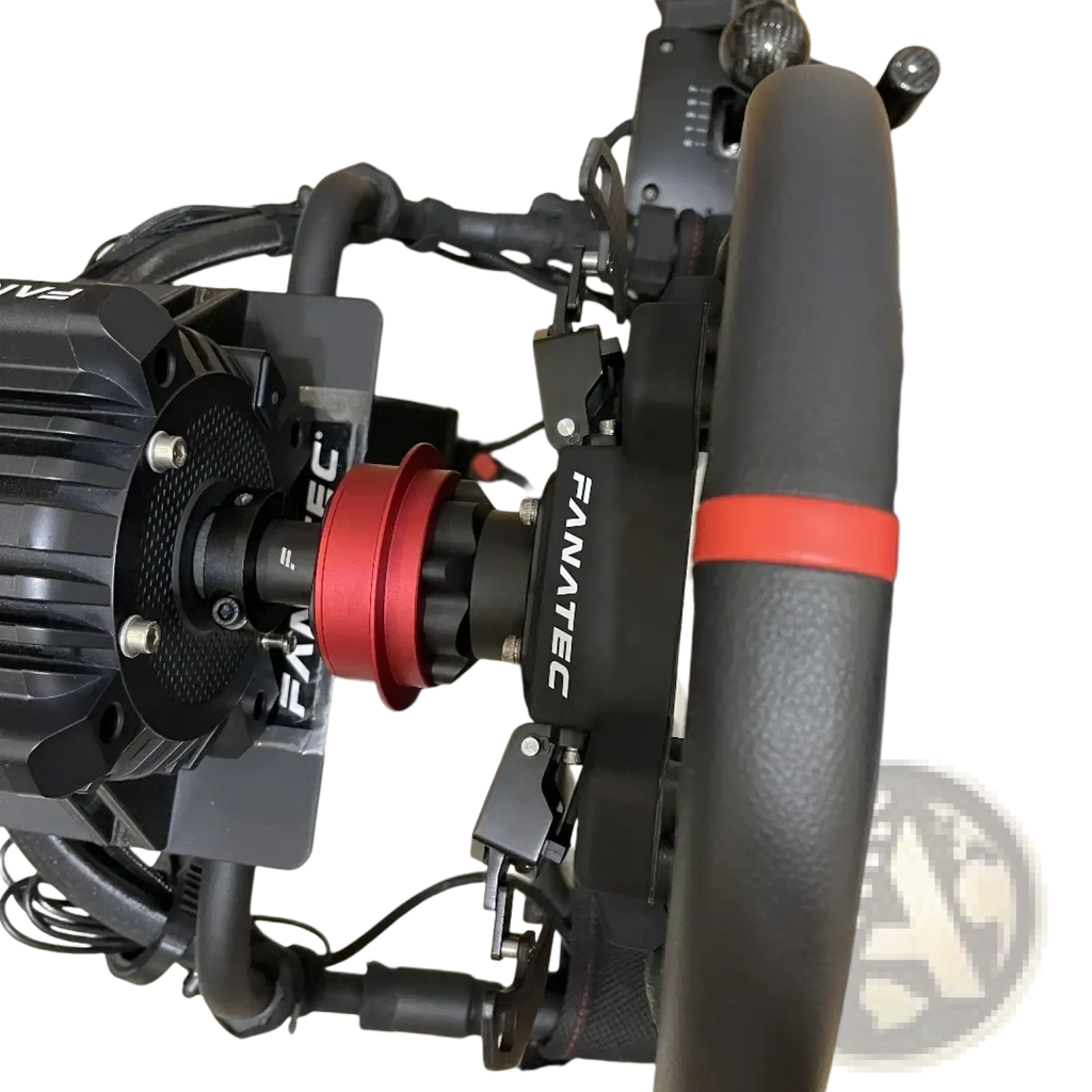 Black and red Fanatec Qr2 quick release wheel hub adapter with textured grip and metallic accents for racing wheels
