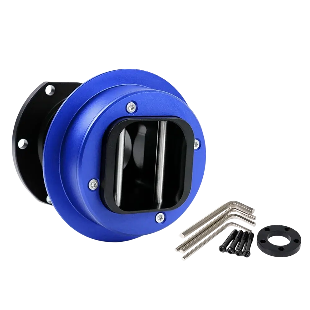 Blue and black Fanatec Qr2 quick release wheel hub adapter with metallic hardware and steering wheel-mounted air intake kit