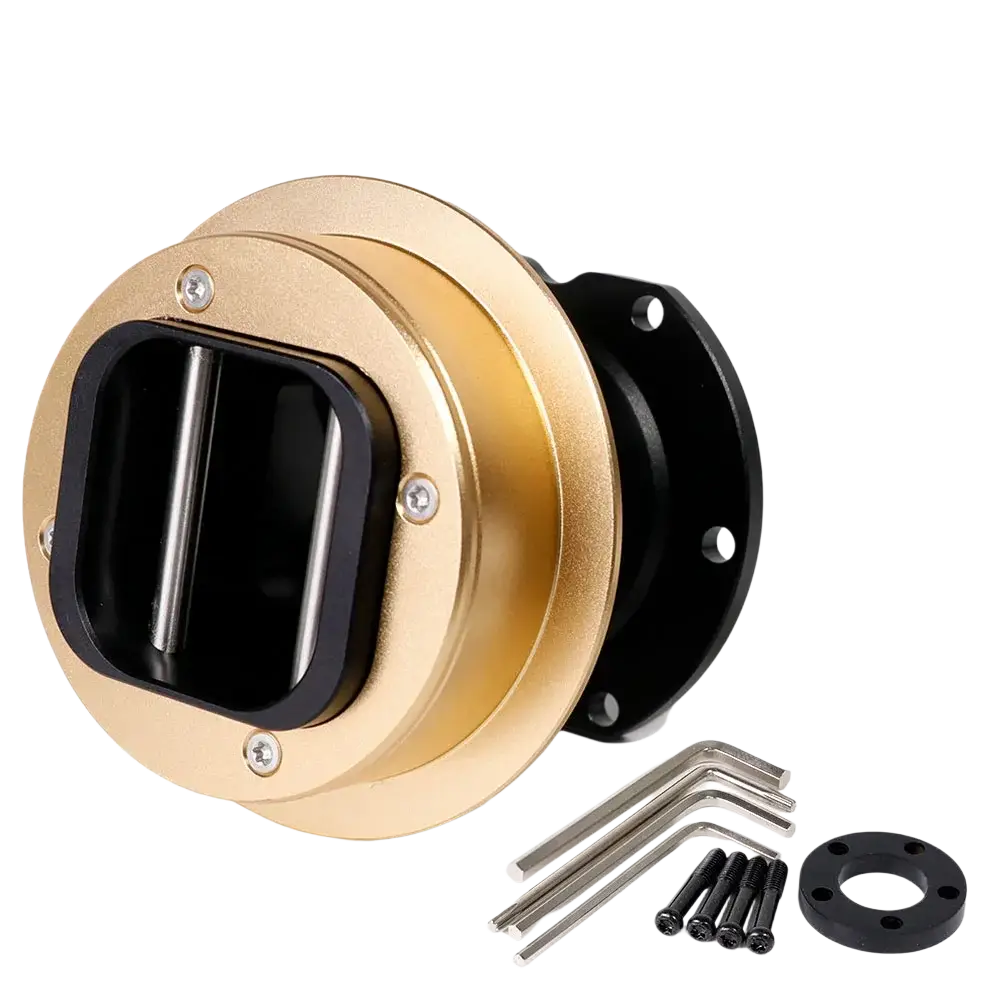 Fanatec Qr2 quick release wheel hub adapter in gold and black with pull handle metallic screws and installation hardware