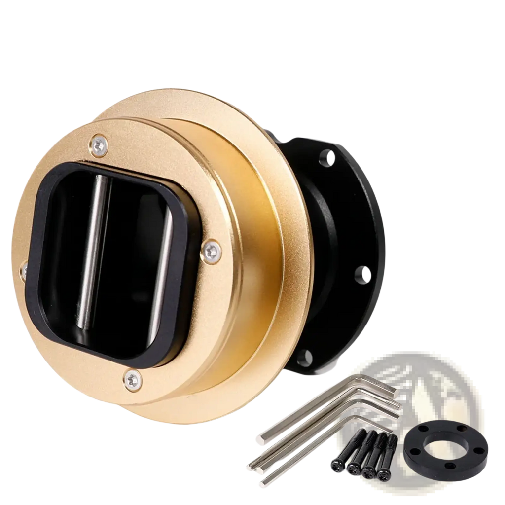 Fanatec Qr2 quick release wheel hub adapter in gold and black with pull handle metallic screws and installation hardware