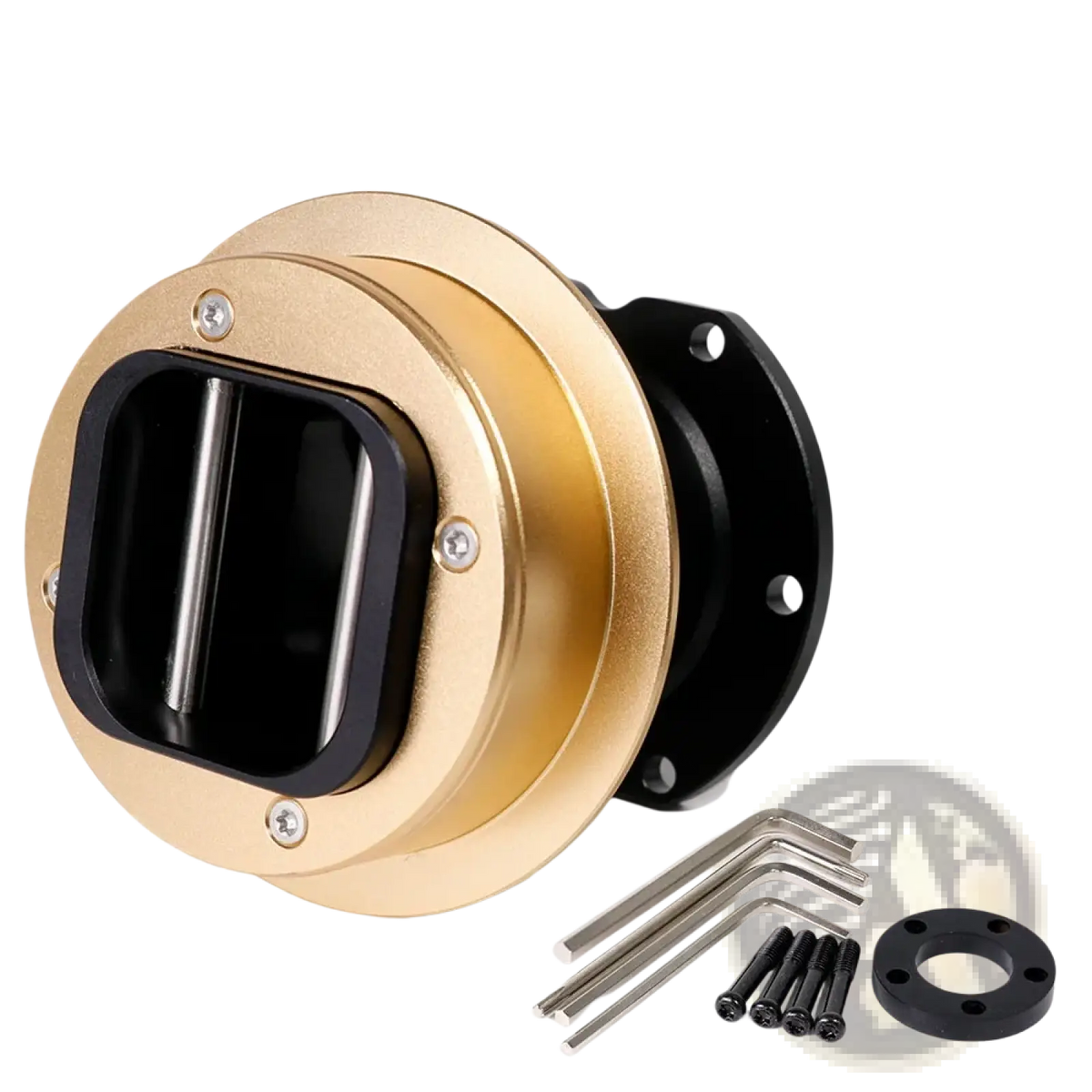 Fanatec Qr2 quick release wheel hub adapter in gold and black with pull handle metallic screws and installation hardware