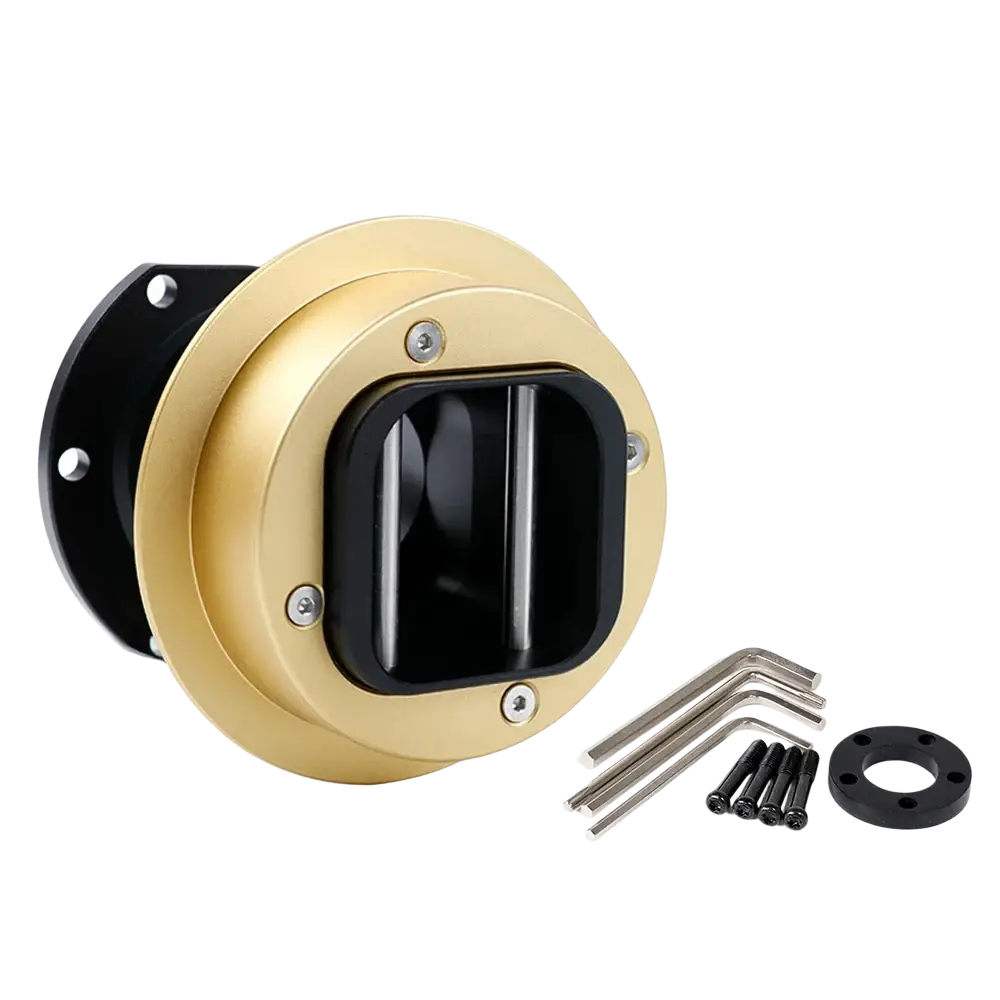 Fanatec QR2 quick release wheel hub adapter back side with gold circular metal cover black inner panel and mounting hardware