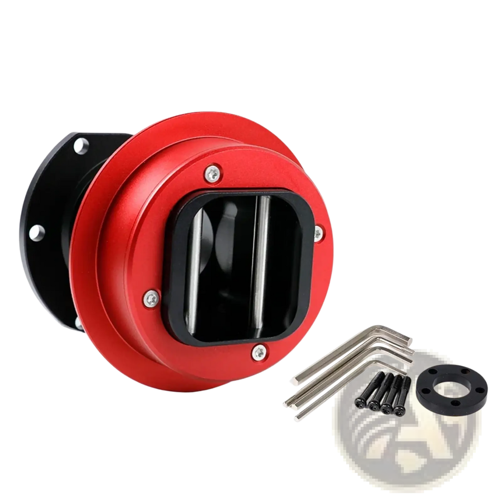 Fanatec Qr2 quick release wheel hub adapter in red and black with sleek circular design for aftermarket steering wheels