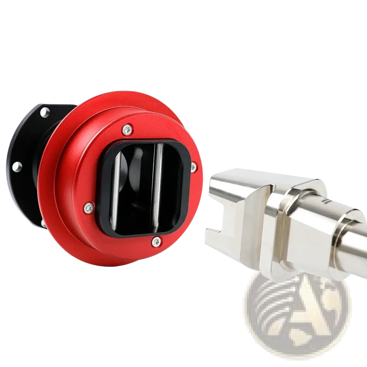 Fanatec Qr2 quick release wheel hub adapter in red and black with silver screws and central black rectangular opening