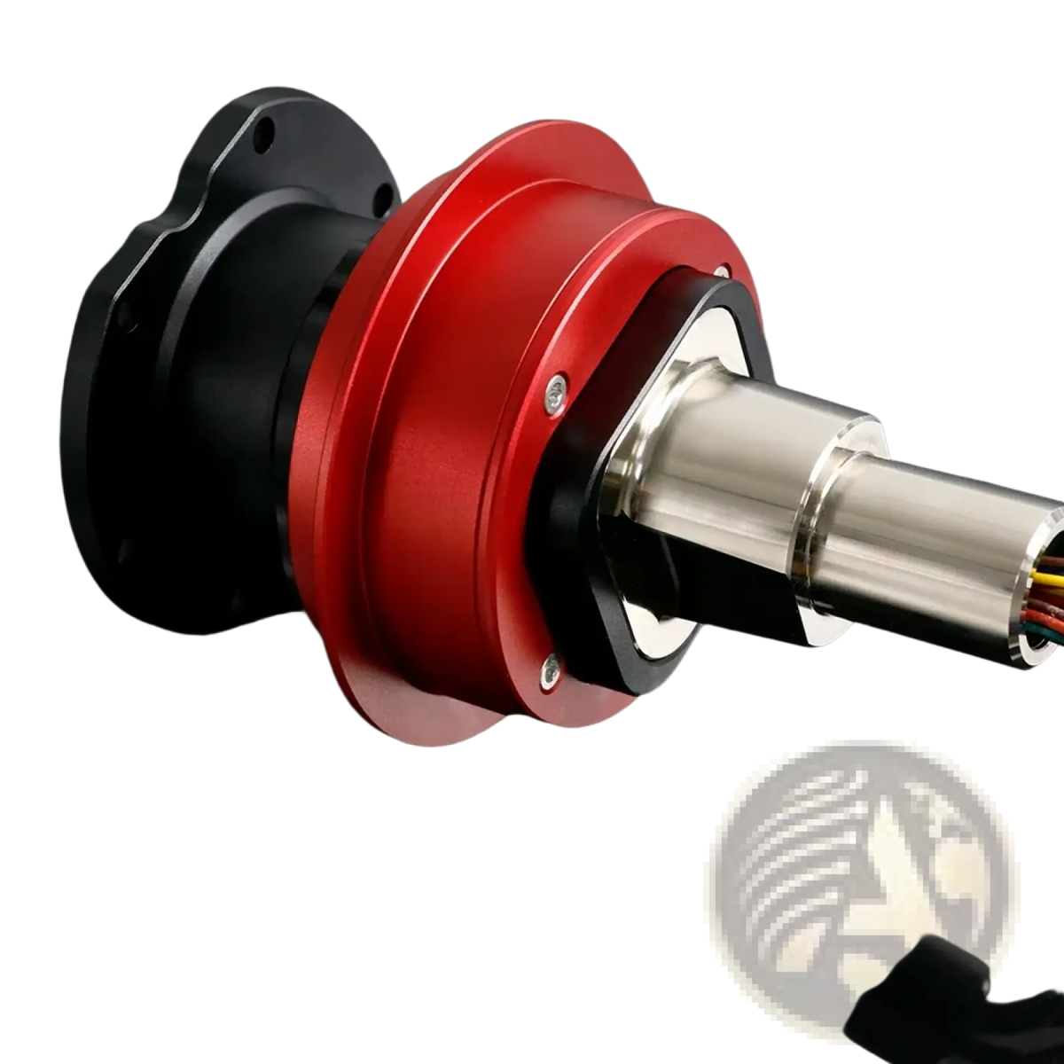 Red and black fanatec qr2 quick release wheel hub adapter with metallic shaft extending from its center for racing wheels