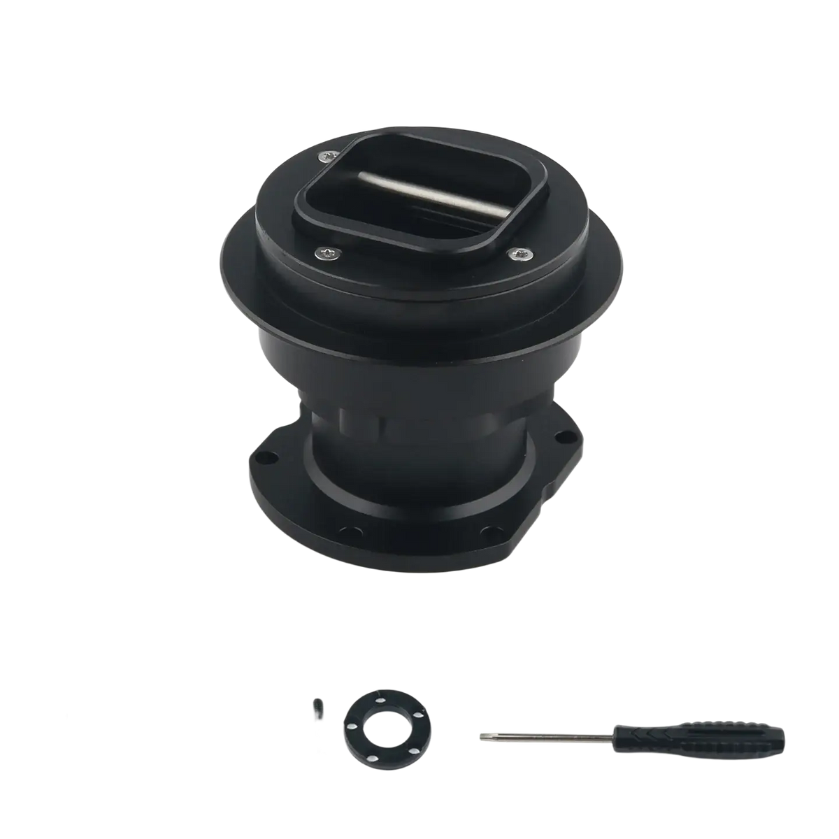 Black aluminum steering wheel hub adapter with integrated mounting flange and screw holes for fanatec qr2 quick release connector