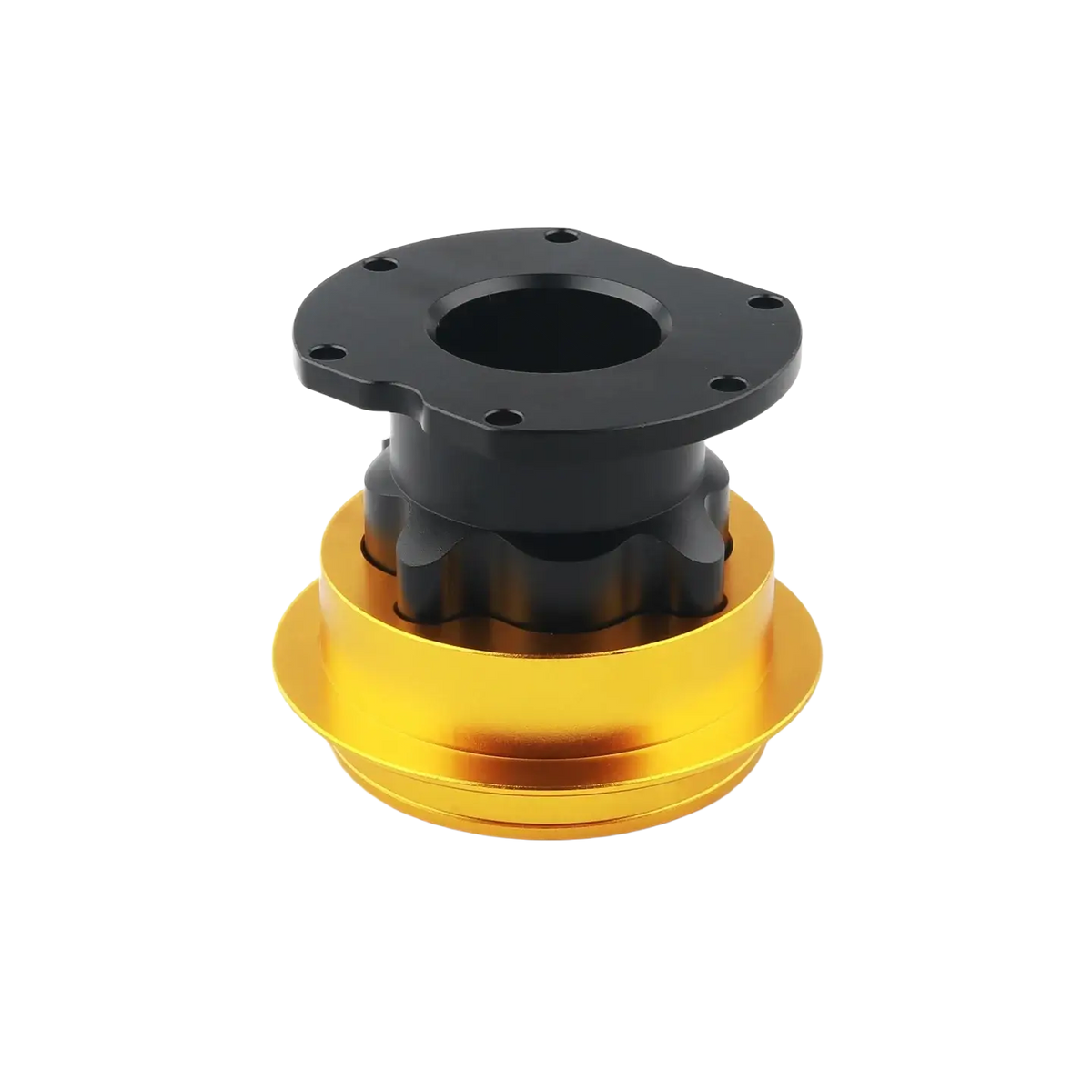 Black and gold aluminum Fanatec Qr2 wheel side quick release connector with flanged top plate for steering wheel hub adapter