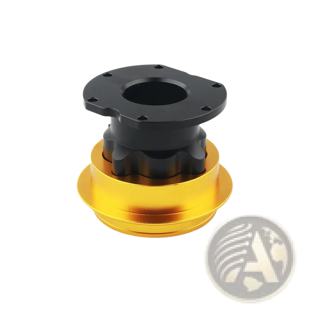 Black and gold aluminum Fanatec Qr2 wheel side quick release connector with flanged top plate for steering wheel hub adapter