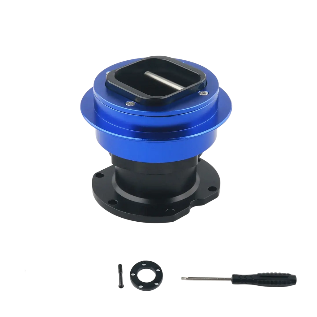 Blue and black aluminum Fanatec Qr2 wheel side quick release connector with square cutout visible from back side