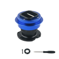 Blue and black aluminum Fanatec Qr2 wheel side quick release connector with square cutout visible from back side
