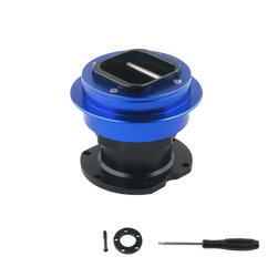 Blue and black aluminum Fanatec Qr2 wheel side quick release connector with square cutout visible from back side