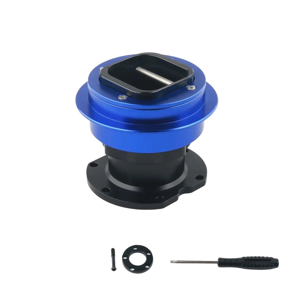 Blue and black aluminum Fanatec Qr2 wheel side quick release connector with square cutout visible from back side