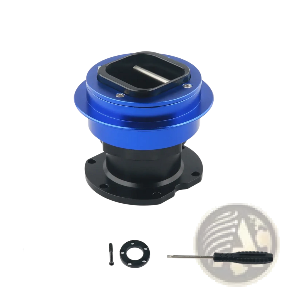 Blue and black aluminum Fanatec Qr2 wheel side quick release connector with square cutout visible from back side