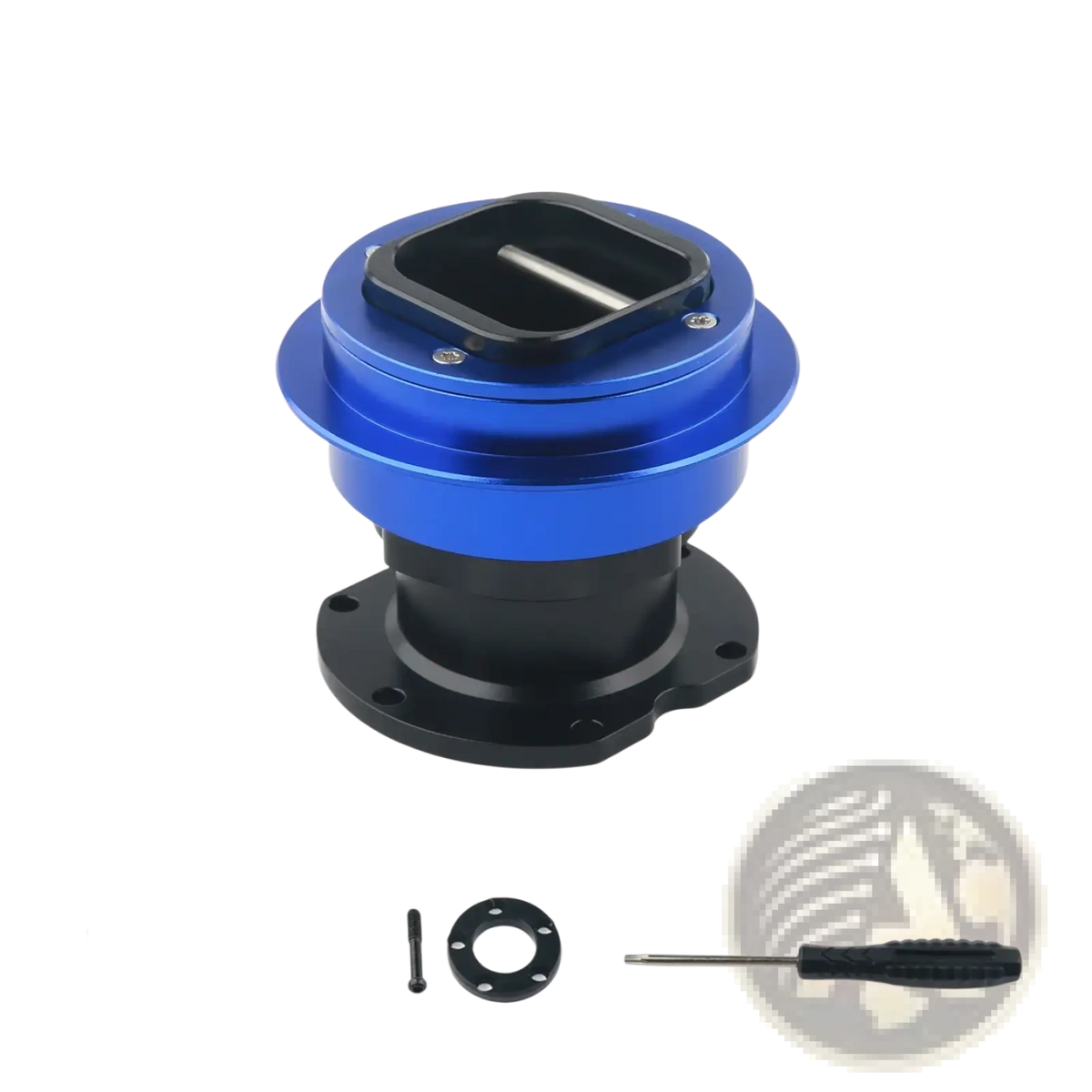 Blue and black aluminum Fanatec Qr2 wheel side quick release connector with square cutout visible from back side