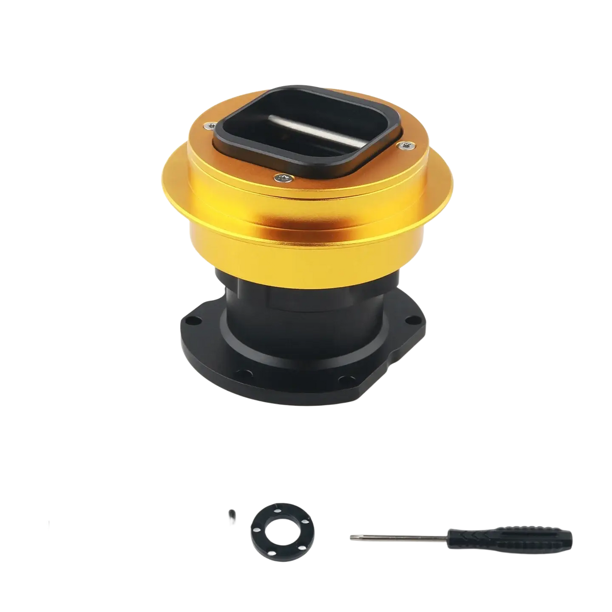 Fanatec qr2 wheel side quick release connector in gold and black with square cutout on top for racing wheels