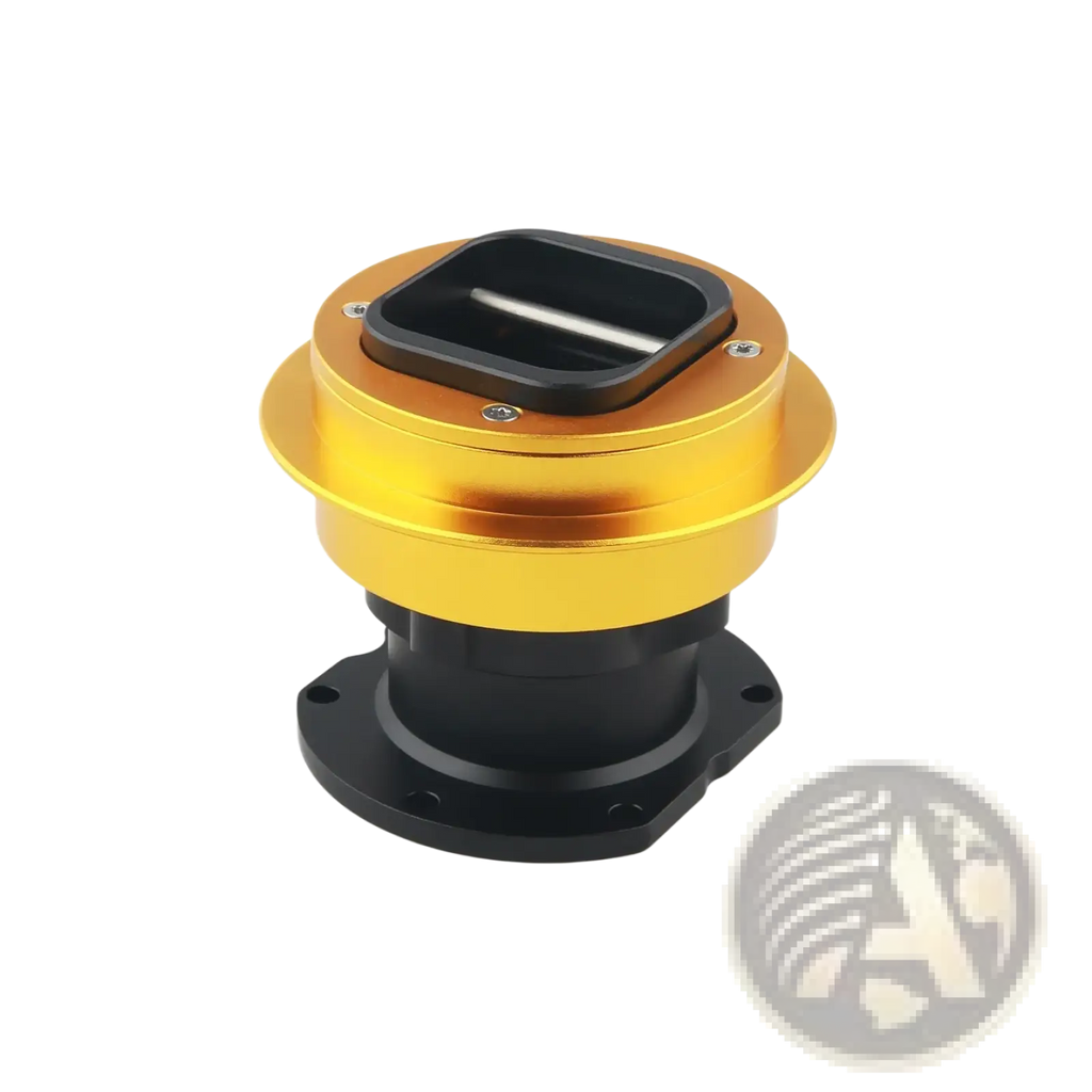 Gold and black automotive air intake manifold with rectangular opening for fanatec qr2 wheel side quick release connector