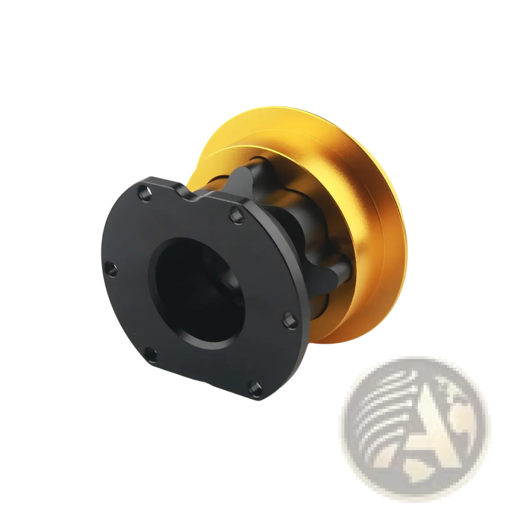 Gold and black metal pulley with circular flange and gear teeth on the back side of fanatec qr2 wheel quick release connector
