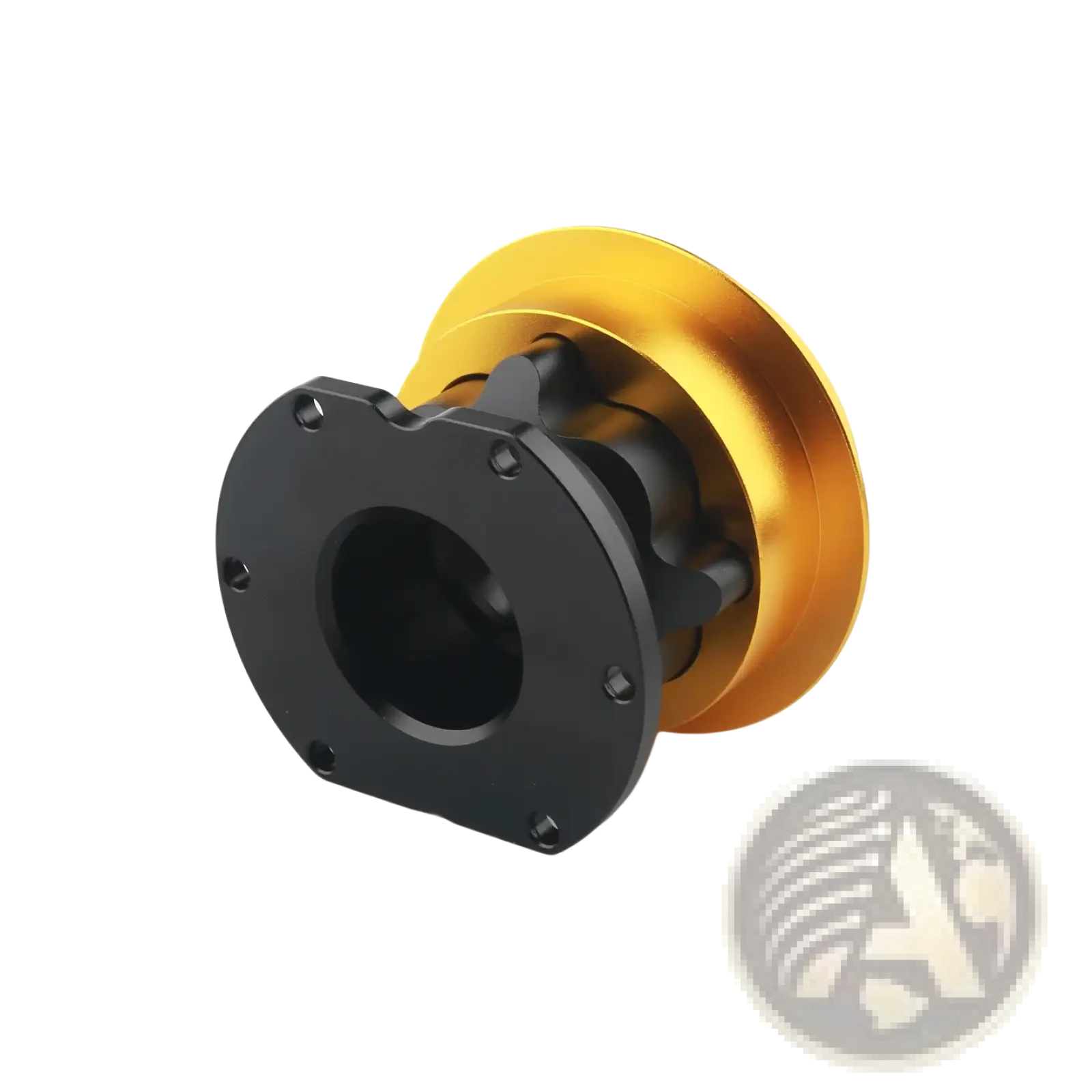 Gold and black metal pulley with circular flange and gear teeth on the back side of fanatec qr2 wheel quick release connector