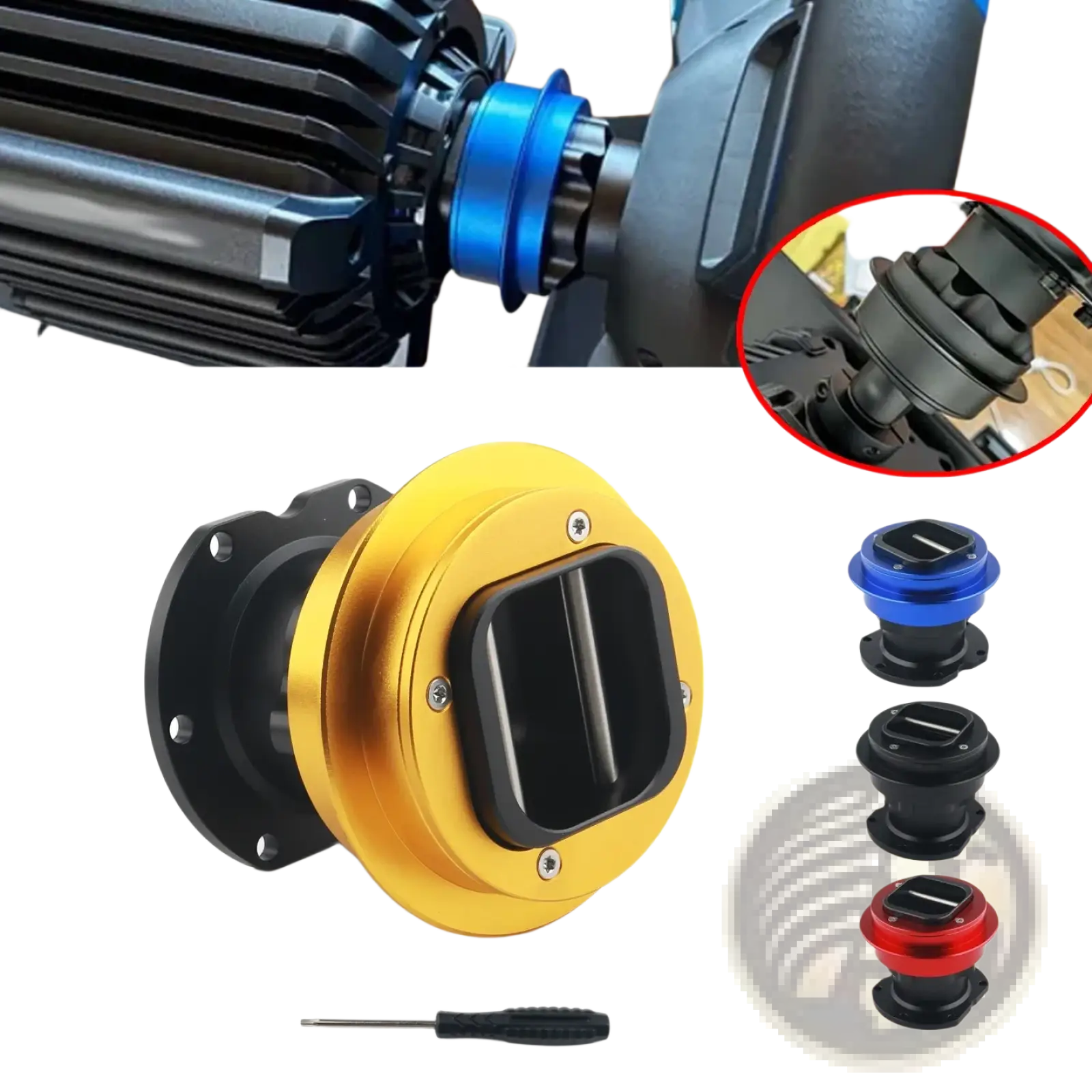 Fanatec Qr2 wheel side quick release connector in gold aluminum with black accents shown with blue and red variants