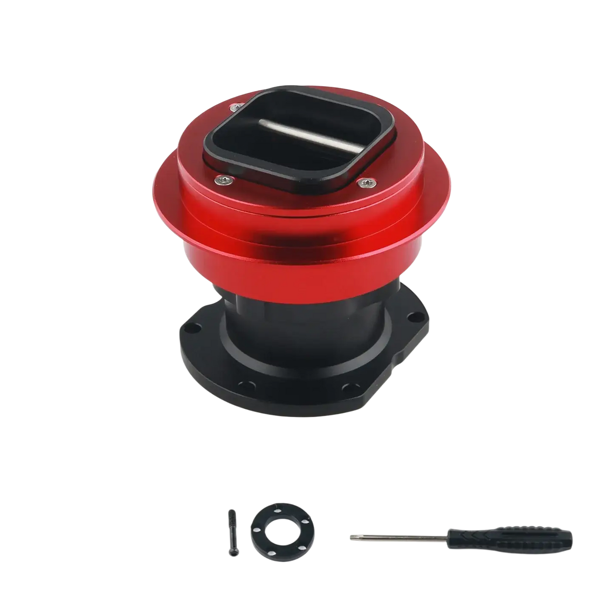 Fanatec qr2 wheel side quick release connector in red and black aluminum with rectangular cutout on top