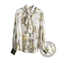 A white silk Fanieces vintage print long sleeve blouse with a delicate yellow and black heraldic pattern and tied necktie detail