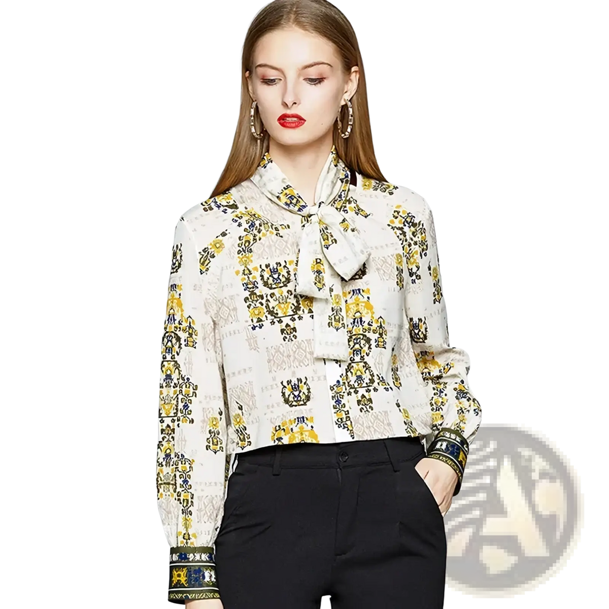 Fanieces vintage print long sleeve bow blouse in cream with yellow and navy ornate pattern and tied neck detail