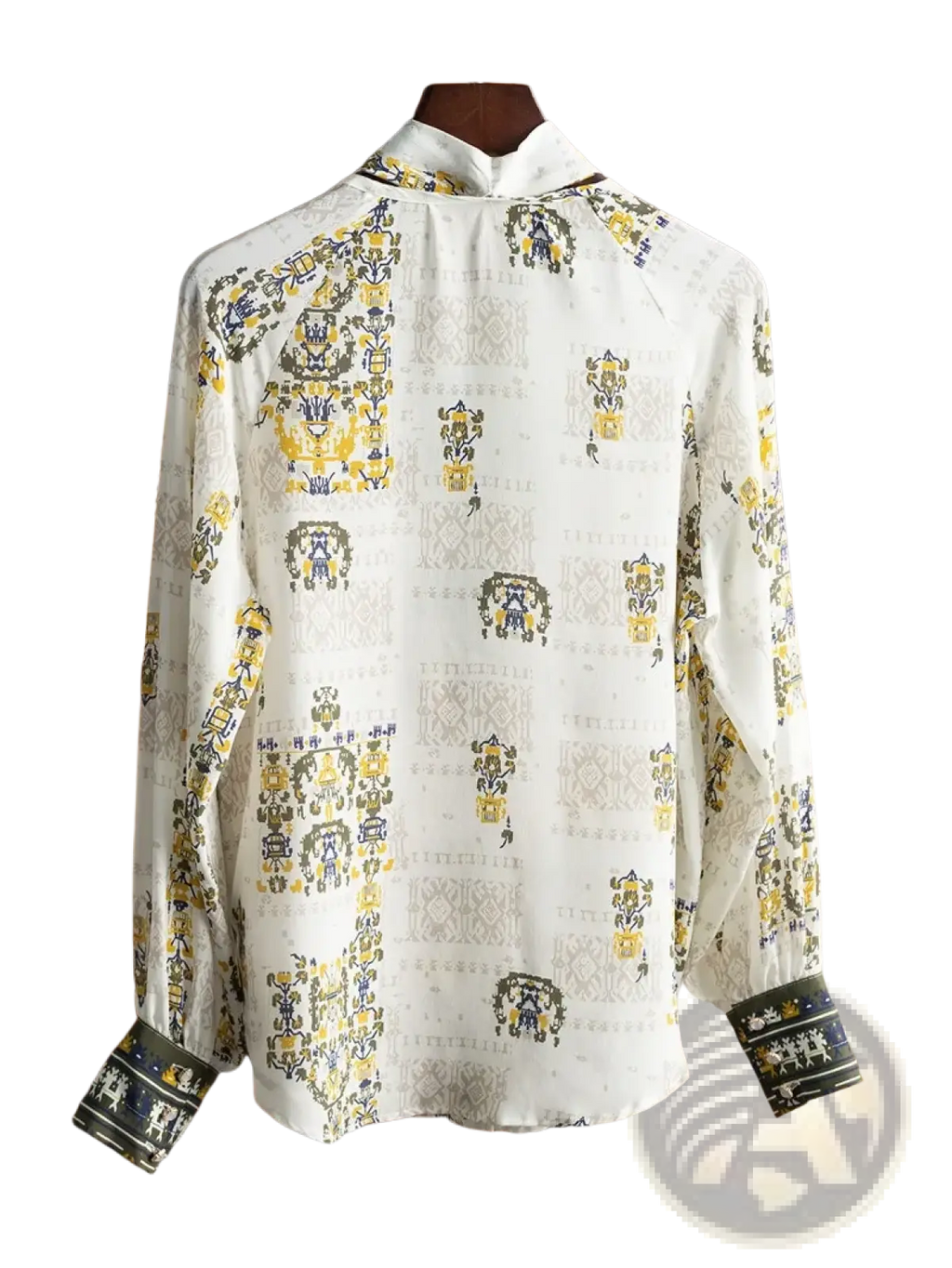 A white silk Fanieces vintage print long sleeve blouse with mandarin collar and yellow navy blue decorative cuffs
