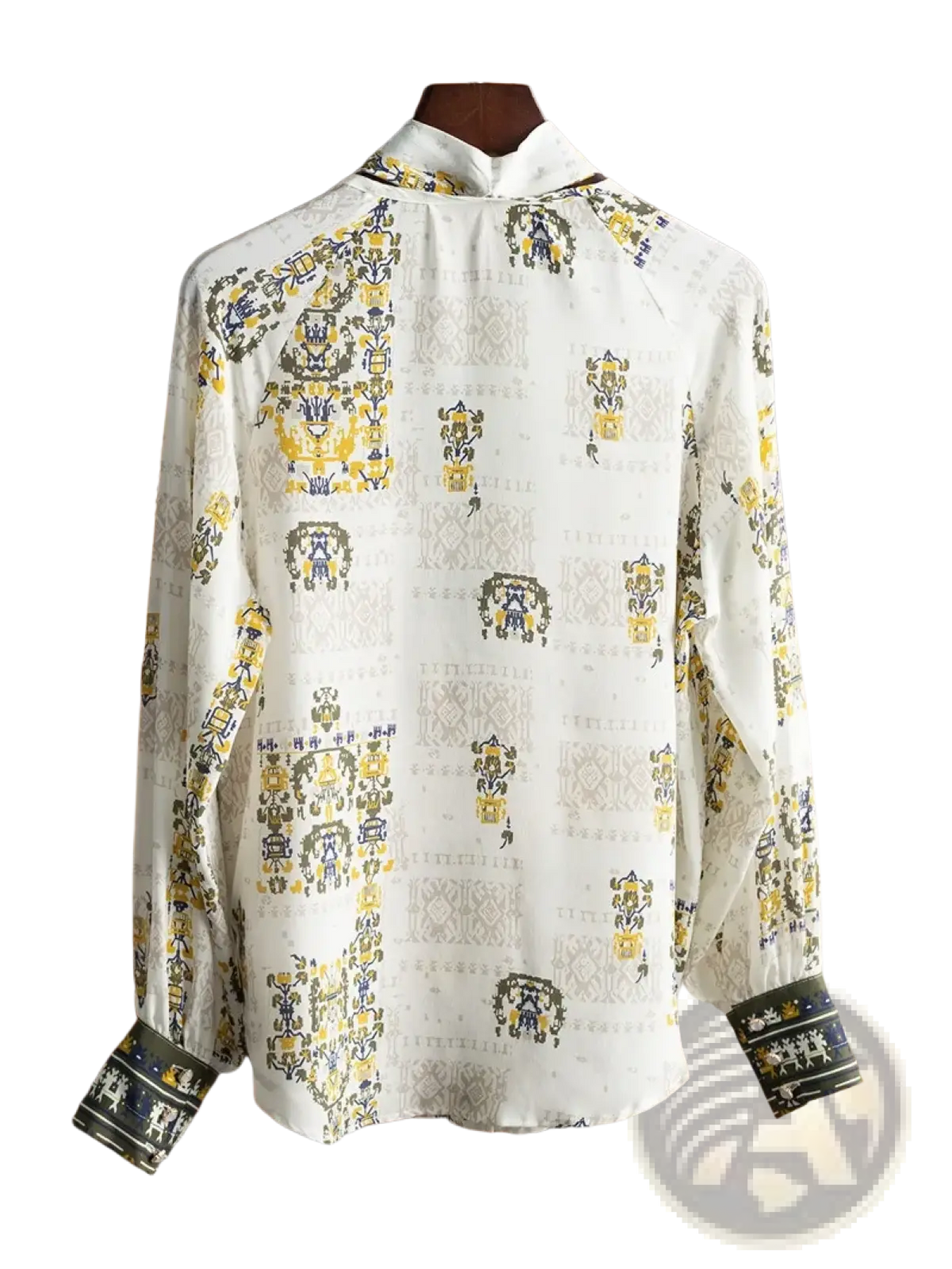 A white silk Fanieces vintage print long sleeve blouse with mandarin collar and yellow navy blue decorative cuffs