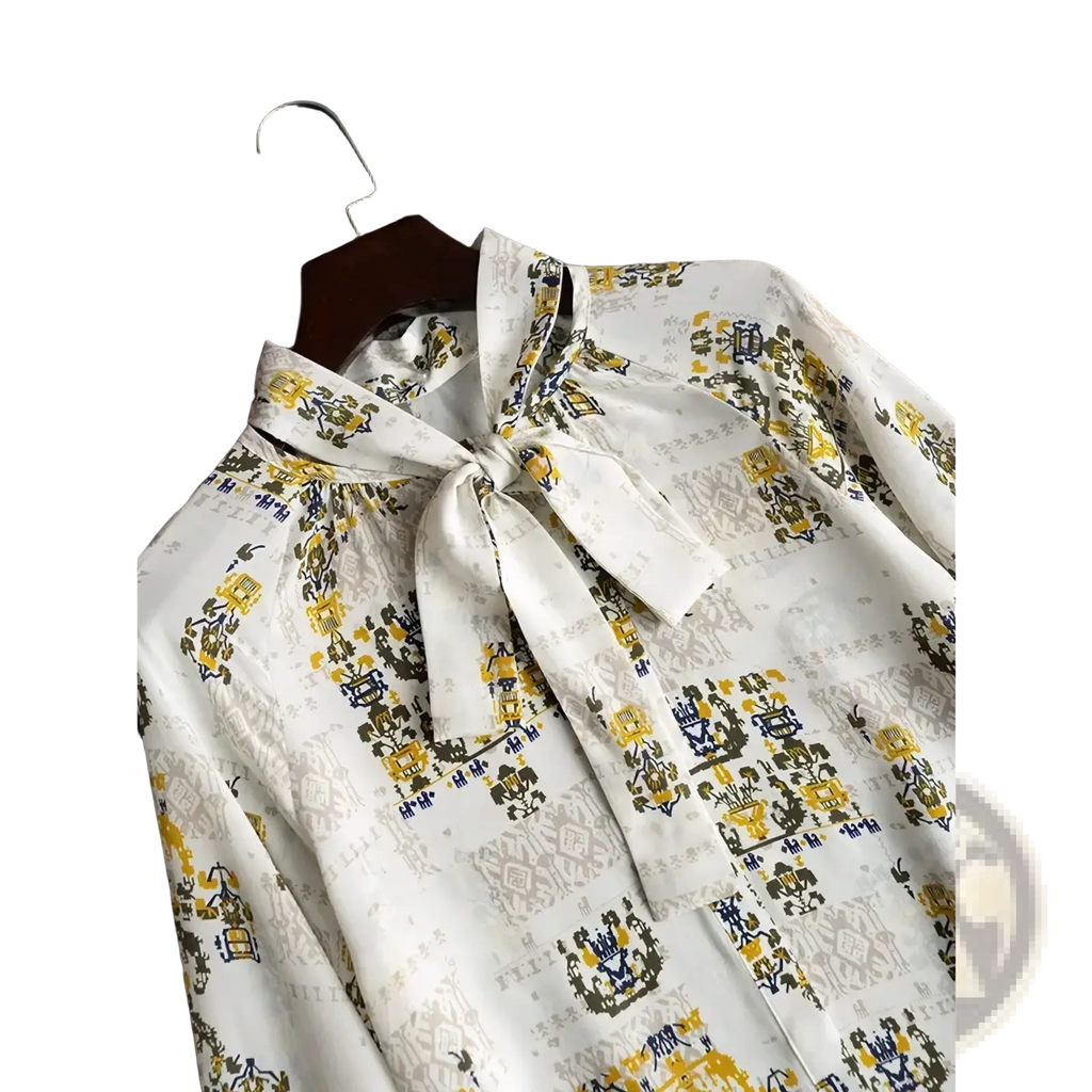 White blouse with yellow and navy blue vintage print long sleeves and a tied bow at the neckline by fanieces