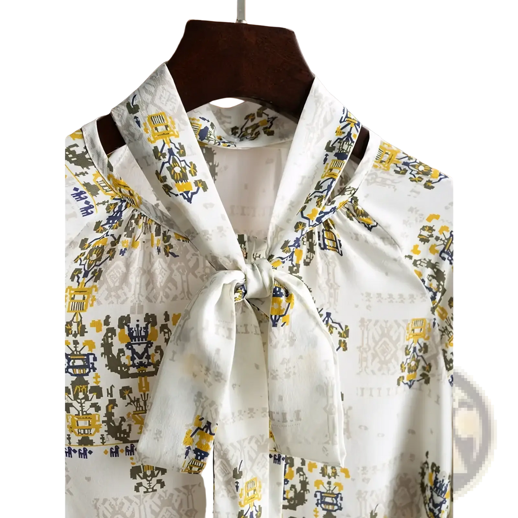 White blouse with yellow and navy blue patterned tie-neck long sleeves from fanieces vintage print collection