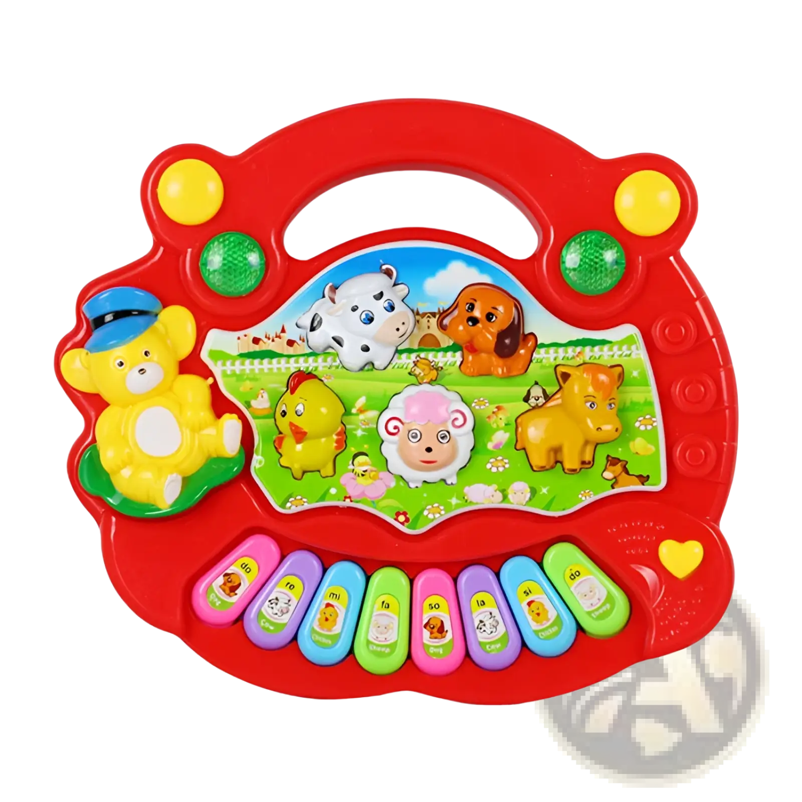 Red plastic farm animal piano musical toy for kids 3+ with colorful animal buttons and cartoon farm display