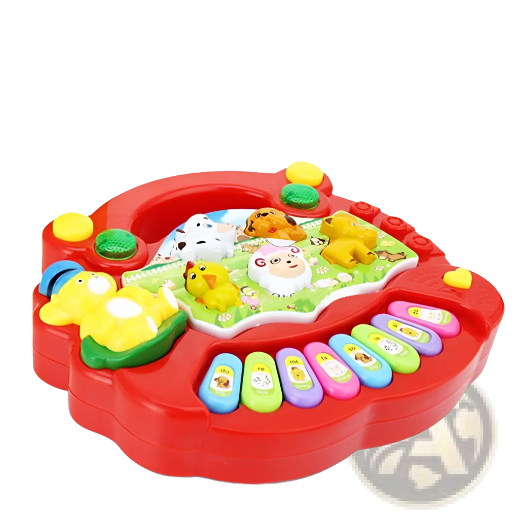 Farm animal piano musical toy for kids 3+ featuring a red plastic body with colorful animal figures and a rainbow keyboard