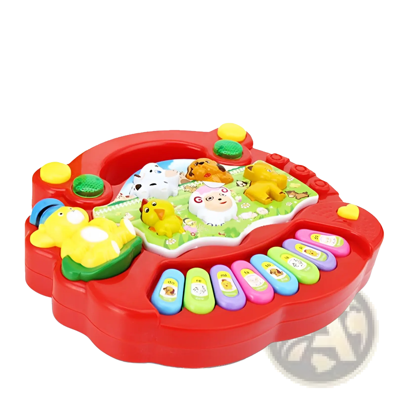 Farm animal piano musical toy for kids 3+ featuring a red plastic body with colorful animal figures and a rainbow keyboard
