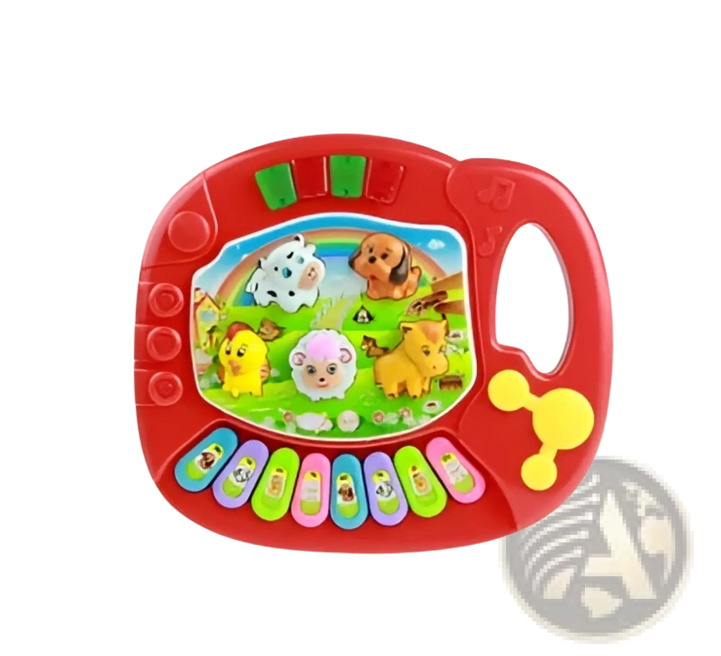 Red plastic farm animal piano musical toy for kids 3+ with colorful animal illustrations and rainbow-themed design